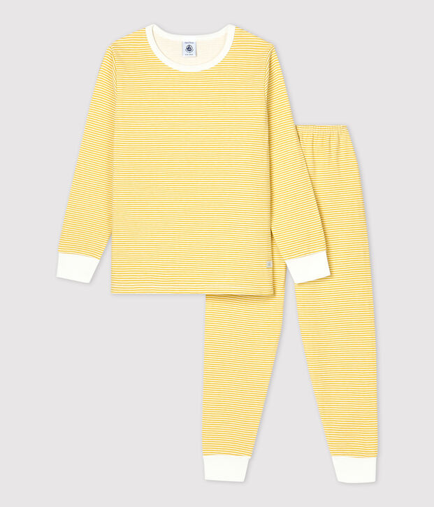 Pijama milrayas amarillo de ni&ntilde;a/ni&ntilde;o de t&uacute;bico de algod&oacute;n org&aacute;nico amarillo/blanco